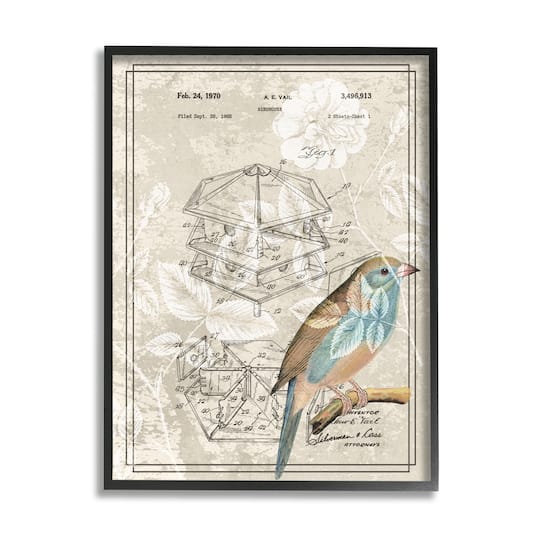 Stupell Industries Vintage Bird House Patent Design Figure Eastern Bluebird Framed Wall Art